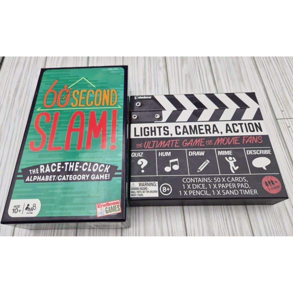 2 Board Games: 60 Second Slam! (Used-Complete) & Lights, Camera, Action (NEW)